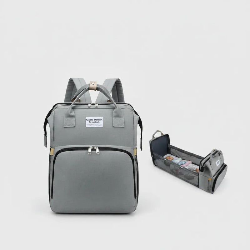 Pañalera Tipo Morral  Con Bolsillos Termicos Y Cambiador Gris Liso