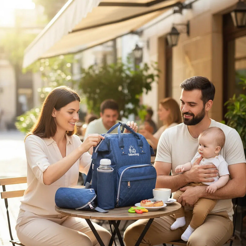 Pañalera Multifuncional Bebe Mochila Con Obsequio Azul Bordado