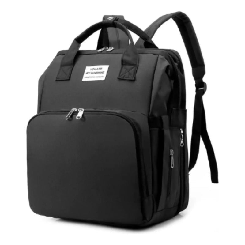 Pañalera Tipo Morral  Con Bolsillos Termicos Y Cambiador Negro Liso