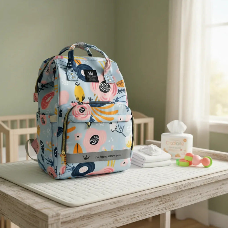 Bolso Pañalera Morral Moderno De Bebe Estampados 11519-13 Agua Flores