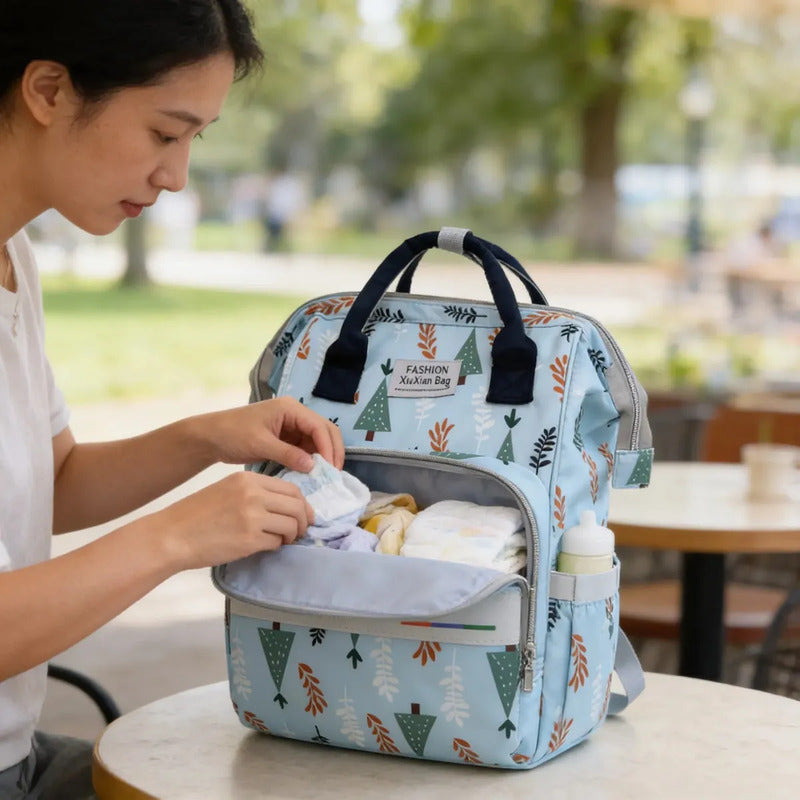 Bolso Pañalera Morral Moderno De Bebe Estampados 11519-8 Azul Claro Pino