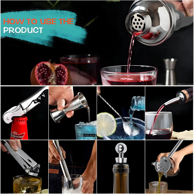 Set Bartender Kit Coctelera Vaso Preparar Bebibas Bar 13 Pza Color Plateado