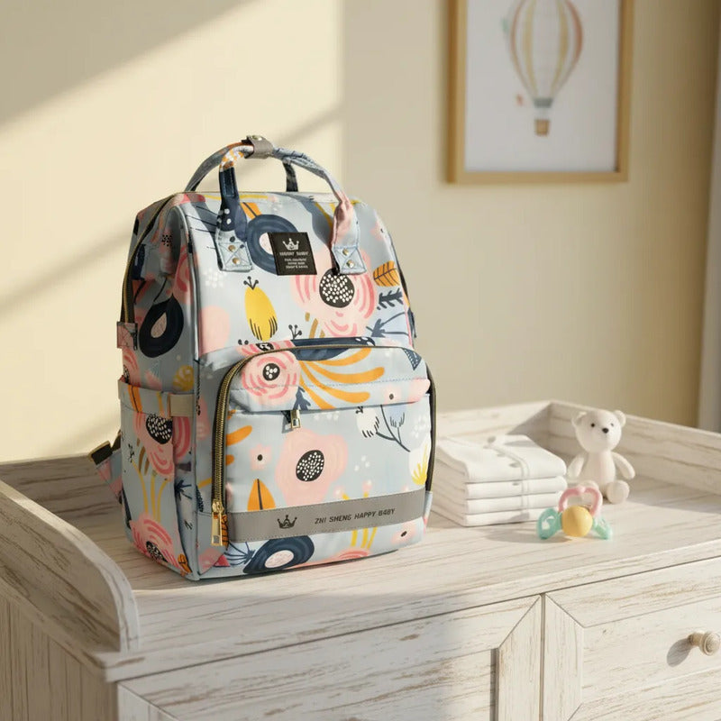 Bolso Pañalera Morral Moderno De Bebe Estampados 11519-13 Agua Flores