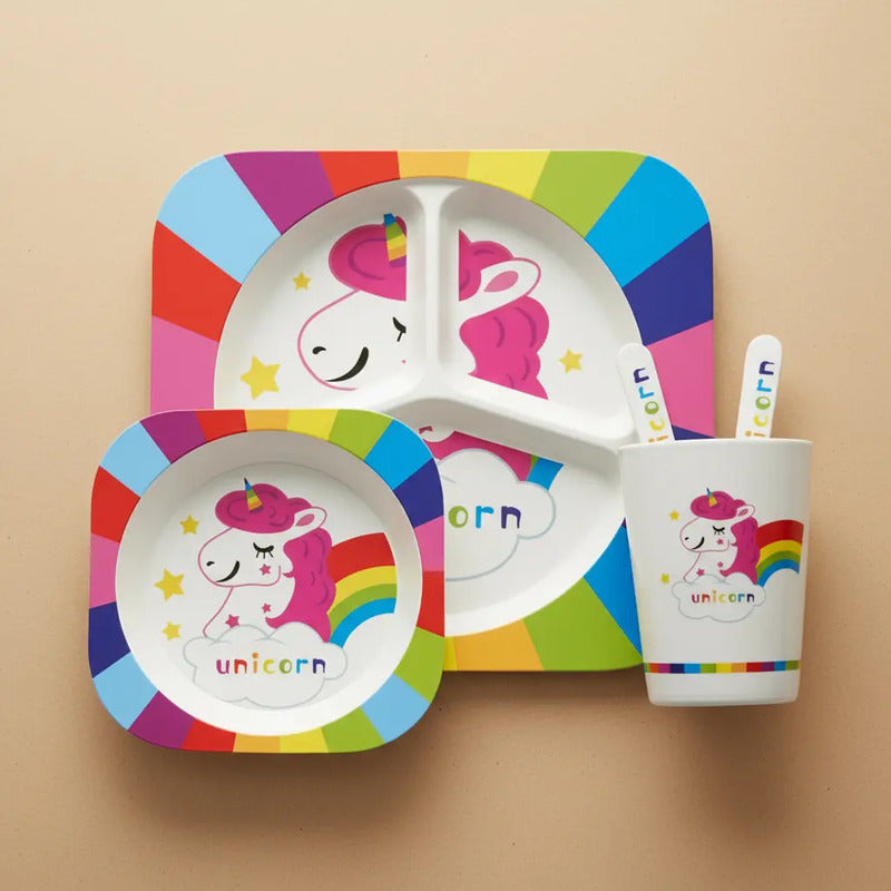Set Vajilla Bebes Niños Bambu 5 Piezas Plato Con Divisiones