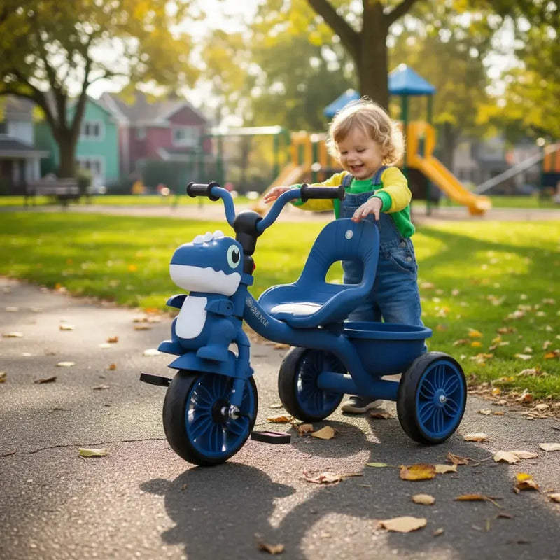 Triciclo Infantil Dinosaurio Con Música Y Cesta Tr-066 Color Azul