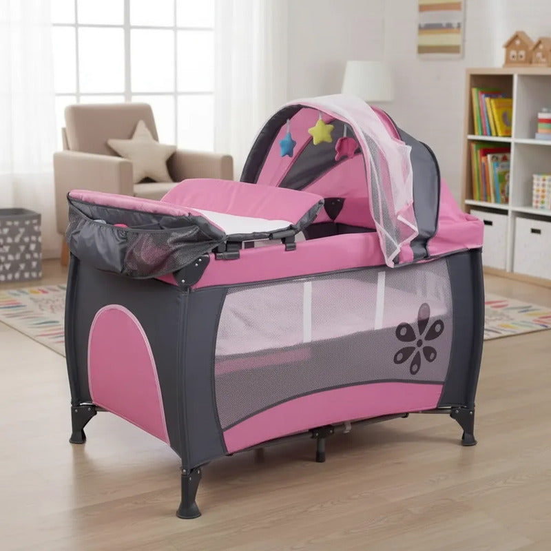 Cuna Corral Camping Plegable Con Toldillo Y Cambiador Rosado Rosa