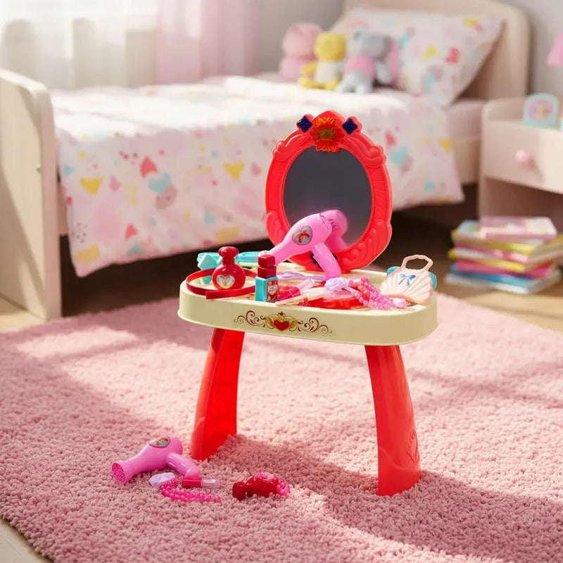 Tocador Infantil Niñas Luz Sonido Espejo Accesorios Amanda-3 Rosado