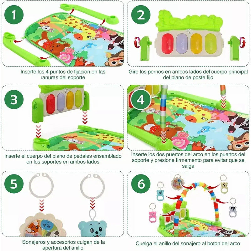 Gimnasio Acolchado Para Bebé Alfombra Infantil Con Piano Alfombra Musical Bebé Con Piano Para Patadas Azul, 5 Juguetes Colgantes Desmontables - Tapete Sensorial Plegable 1-36 Meses