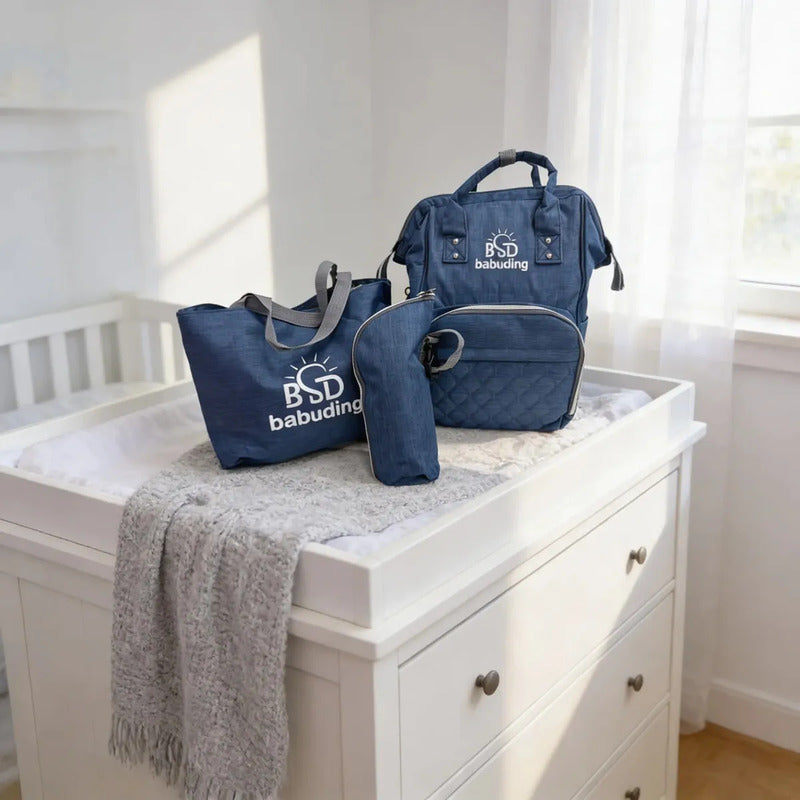Pañalera Multifuncional Bebe Mochila Con Azul Bordado