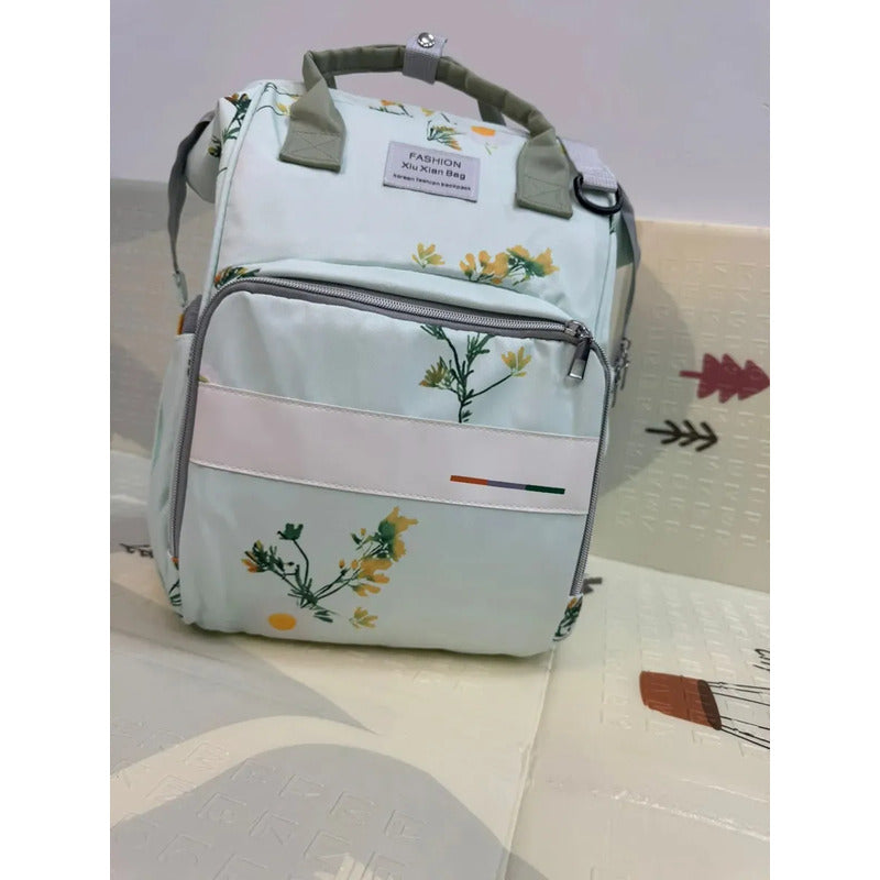 Bolso Pañalera Morral Moderno De Bebe Estampados 11519-8 Verde Claro Flores