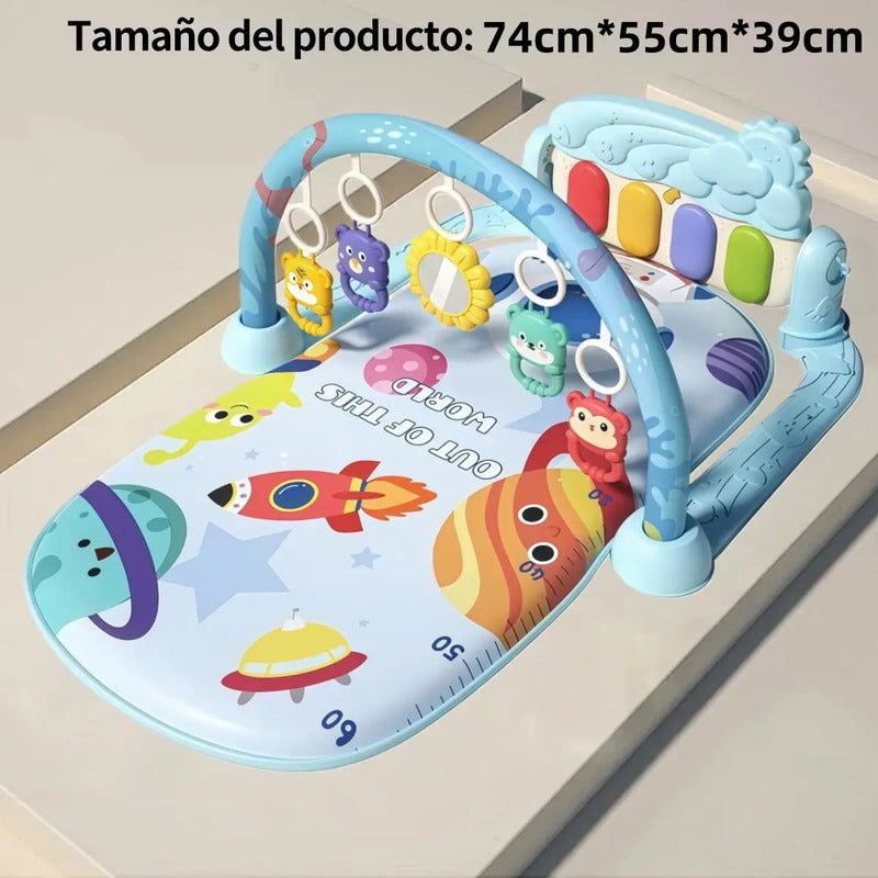 Gimnasio Acolchado Para Bebé Alfombra Infantil Con Piano Alfombra Musical Bebé Con Piano Para Patadas Azul, 5 Juguetes Colgantes Desmontables - Tapete Sensorial Plegable 1-36 Meses