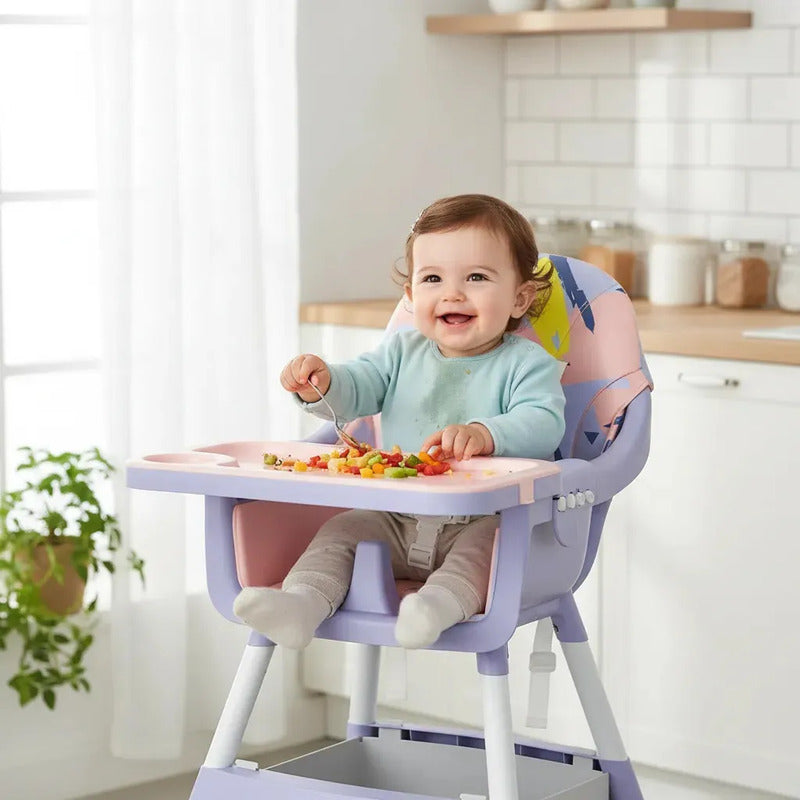 Silla Comedor Para Bebé 2 En 1 Impermeable Freno Juguetes Color Lila Manchas