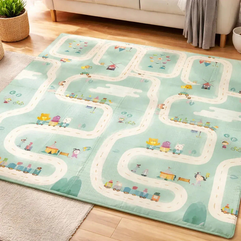 Tapete De Juego Plegable Gateo Bebé 200x180 Cm Doble Faz Conejo-tren