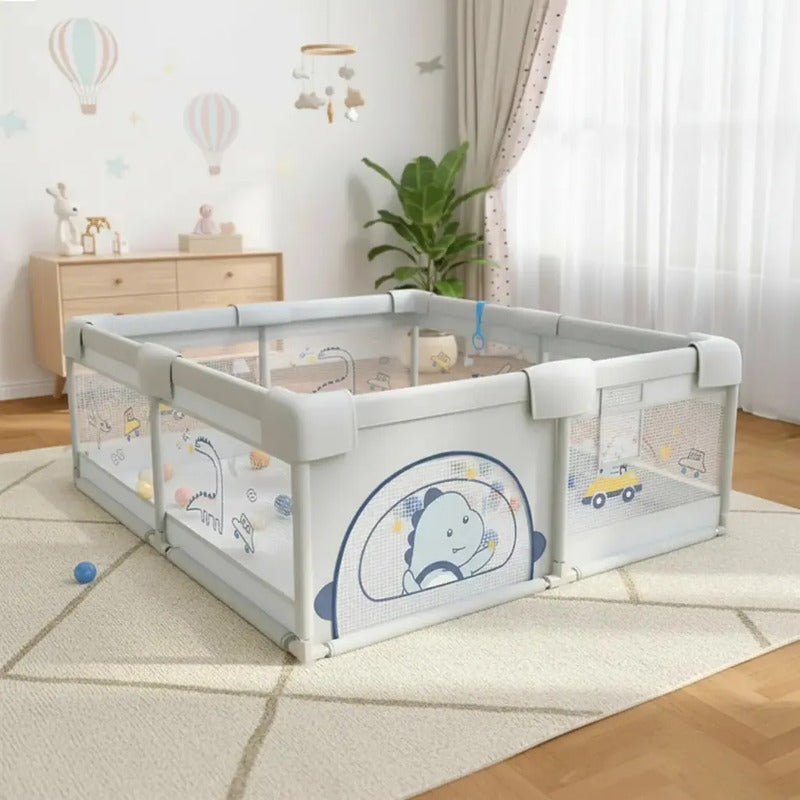 Parque Infantil Corral De Juegos Con 60 Pelotas Tapete Gateo Color Gris Estampado