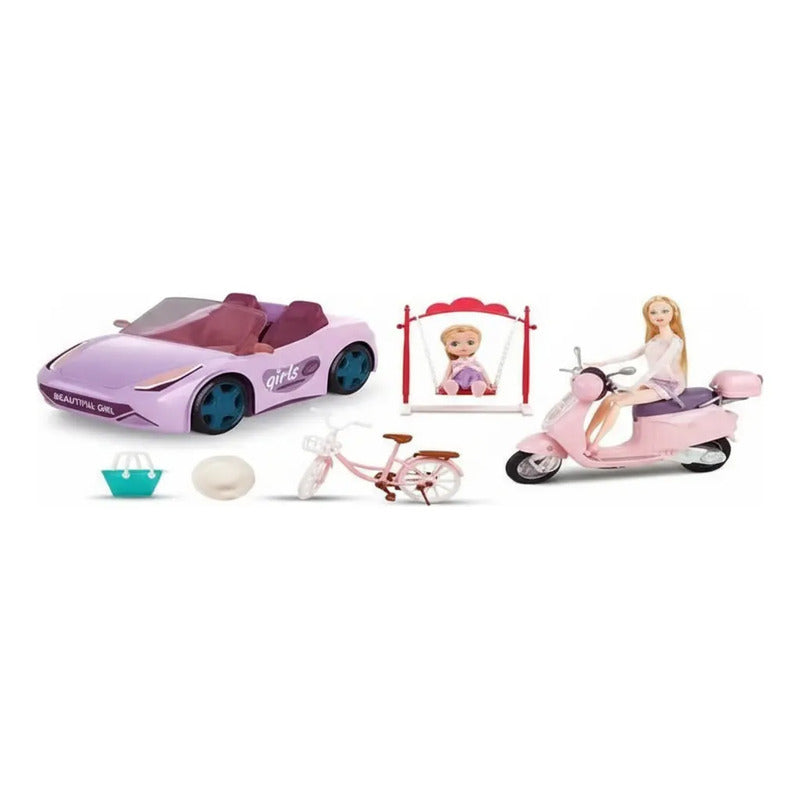 Carro Convertible Bicicleta Moto + Cachorro Muñeca Mx-64 Rosa Claro