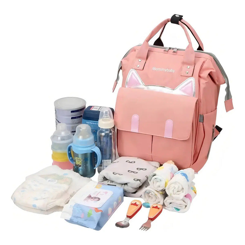 Bolso Pañalera Multifuncional Bebe Mochila Gatico Ref 1402 Color Rosa Liso