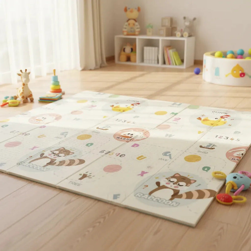 Tapete De Juego Plegable Gateo Bebé 200x180 Cm Doble Faz Mapache-mono