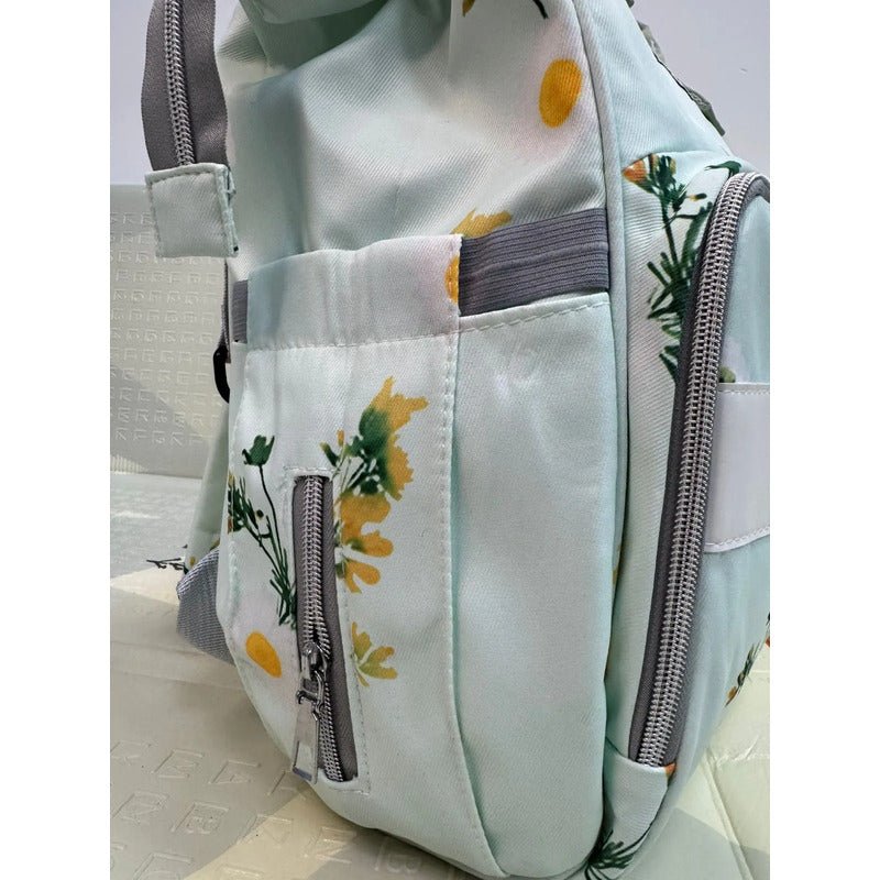 Bolso Pañalera Morral Moderno De Bebe Estampados 11519-8 Verde Claro Flores