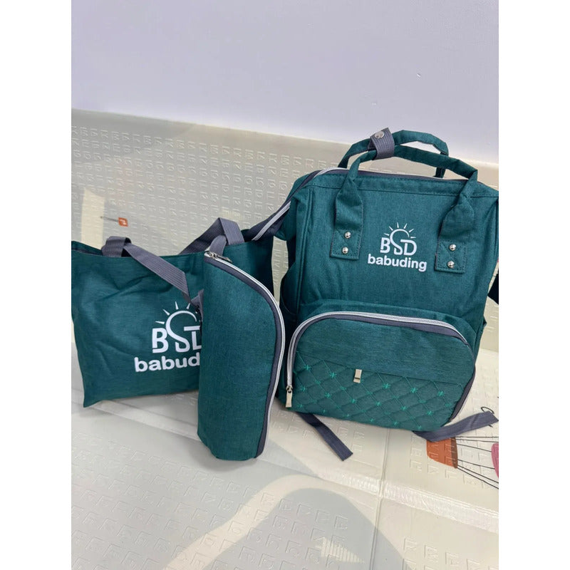 Pañalera Multifuncional Bebe Mochila Con Obsequio Verde Oscuro Bordado