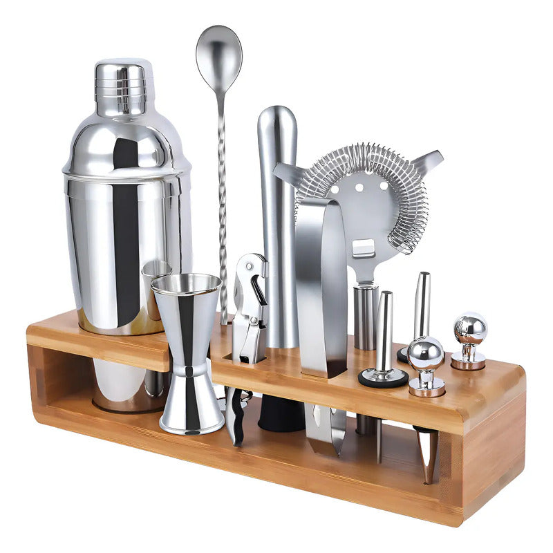 Set Bartender Kit Coctelera Vaso Preparar Bebibas Bar 13 Pza Color Plateado