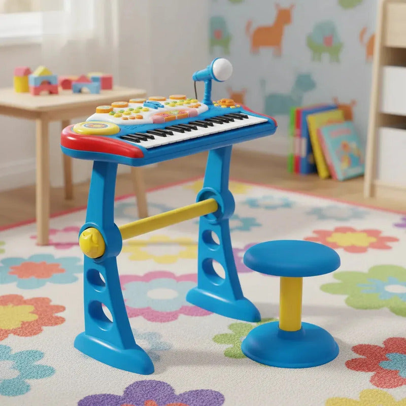 Organeta Piano Teclado Mp3 Para Niños Con Silla Azul 110v