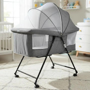 Corral Cuna Mecedora Portátil Kidshop Para Bebé Gris Con Colchón, Mosquitero Y Capota Lisa