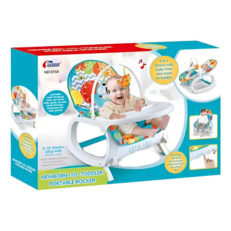Silla Mecedora Vibradora Con Bandeja + Toldillo Azul Verdoso Multicolor Floreado