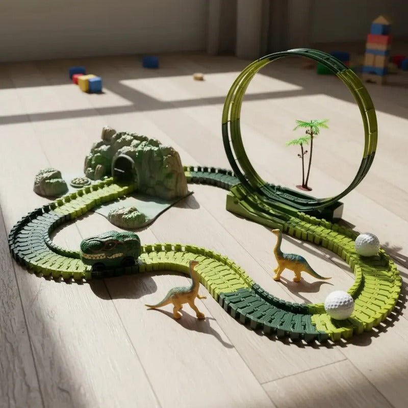 Pista De Carreras De Coches Con Juguetes De Dinosaurios 140 Verde
