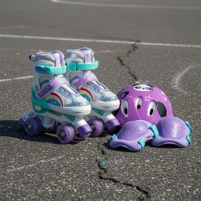 Patines Ajustable Con Luz Y Diseño De Arcoíris Niños Pt-03 Color Lila Talle De Los Patines M Tamaño De Las Ruedas 5 Mm
