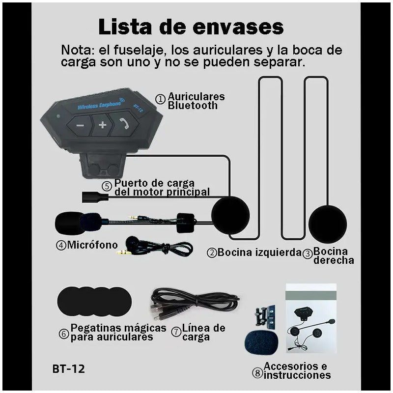 Intercomunicador Auriculares Casco Bluetooh Bt12 Moto Musica Sikeo Color Negro