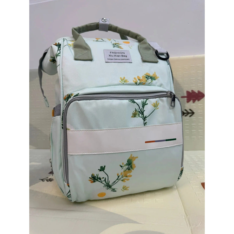 Bolso Pañalera Morral Moderno De Bebe Estampados 11519-8 Verde Claro Flores