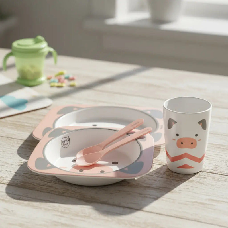 Set Vajilla Bebes Niños Bambu 5 Piezas Plato Con Divisiones