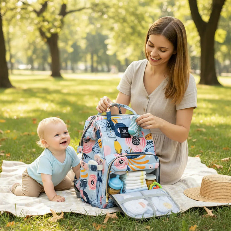 Bolso Pañalera Morral Moderno De Bebe Estampados 11519-13 Agua Flores