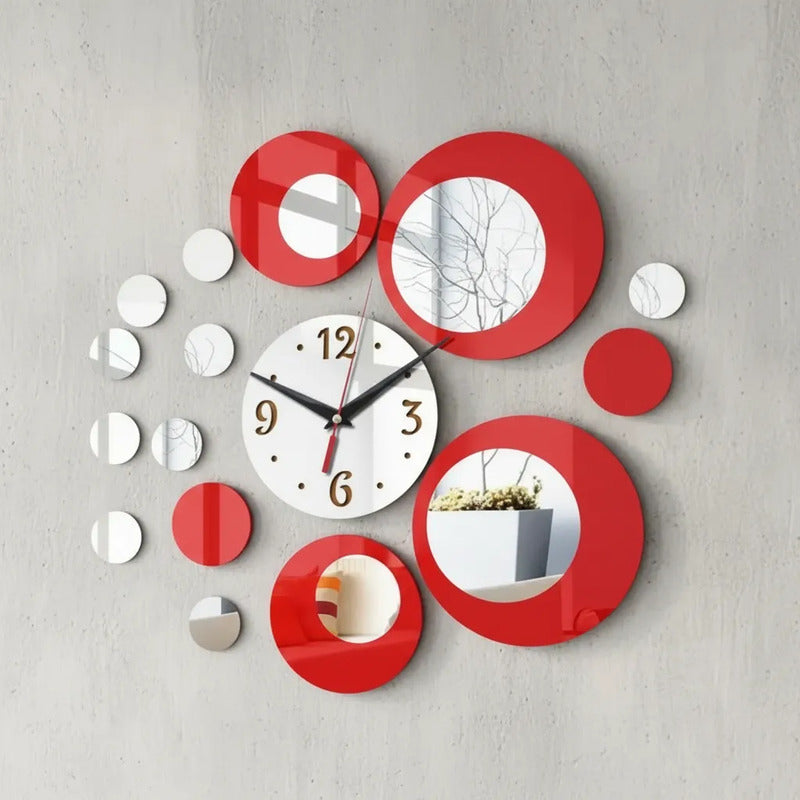 Reloj De Pared Espejo 3d Decoración Moderna Hogar Adhesivo  Plateado Rojo