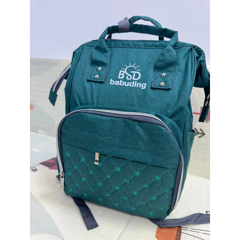 Pañalera Multifuncional Bebe Mochila Con Obsequio Verde Oscuro Bordado