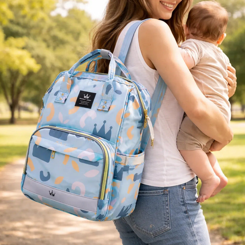 Bolso Pañalera Morral Moderno De Bebe Estampados 11519-13 Azul Claro Figuras