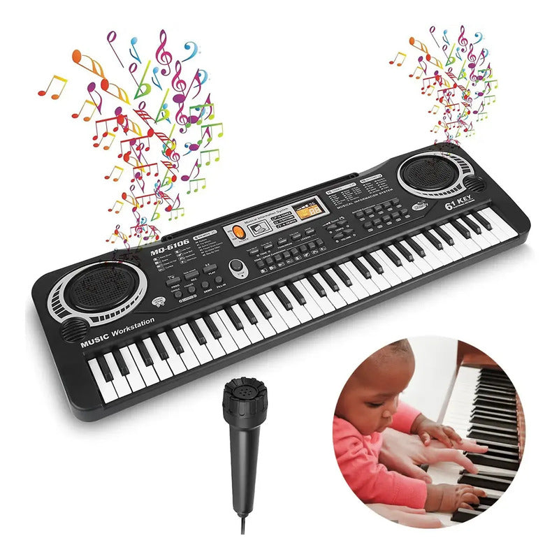 Teclado Organeta Piano Electrónico 61 Teclas Micrófono Usb Color Negro 110v