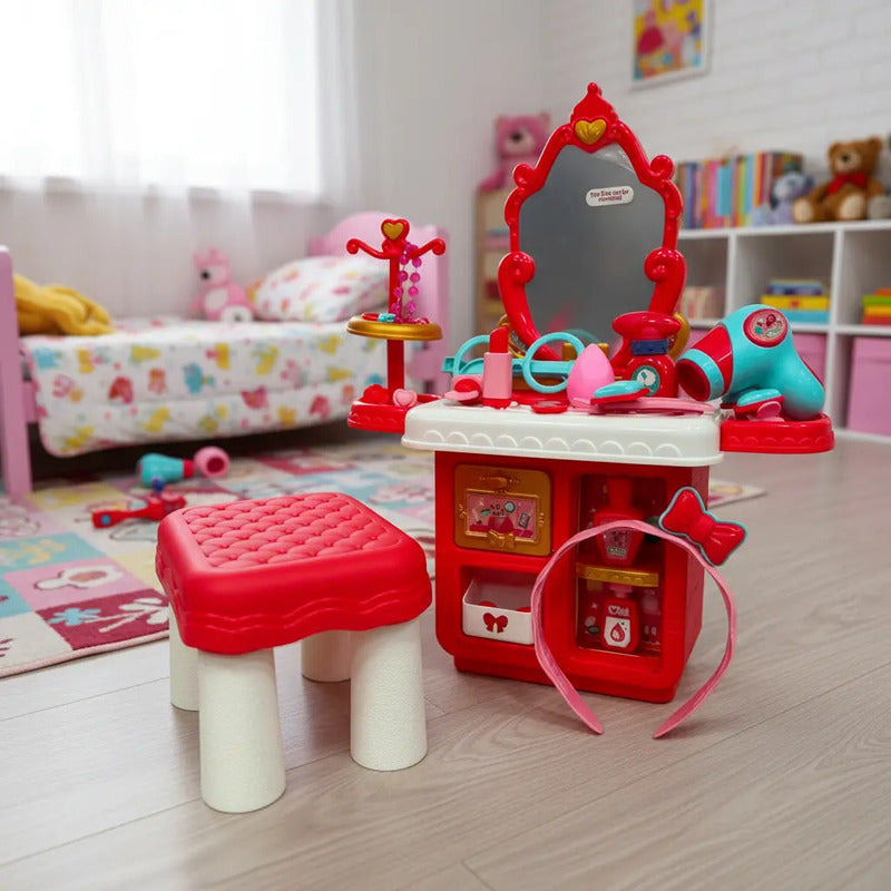 Tocador Infantil Niñas Luz Sonido Espejo Accesorios Amanda-1 Fuscia