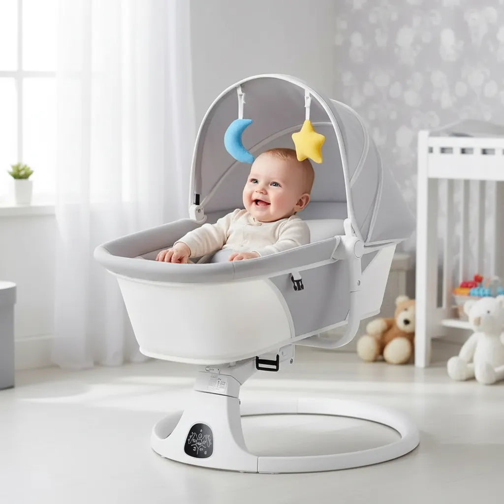 Silla Eléctrica Mecedora Bluetooth Bebé Movimiento Lateral Gris Liso