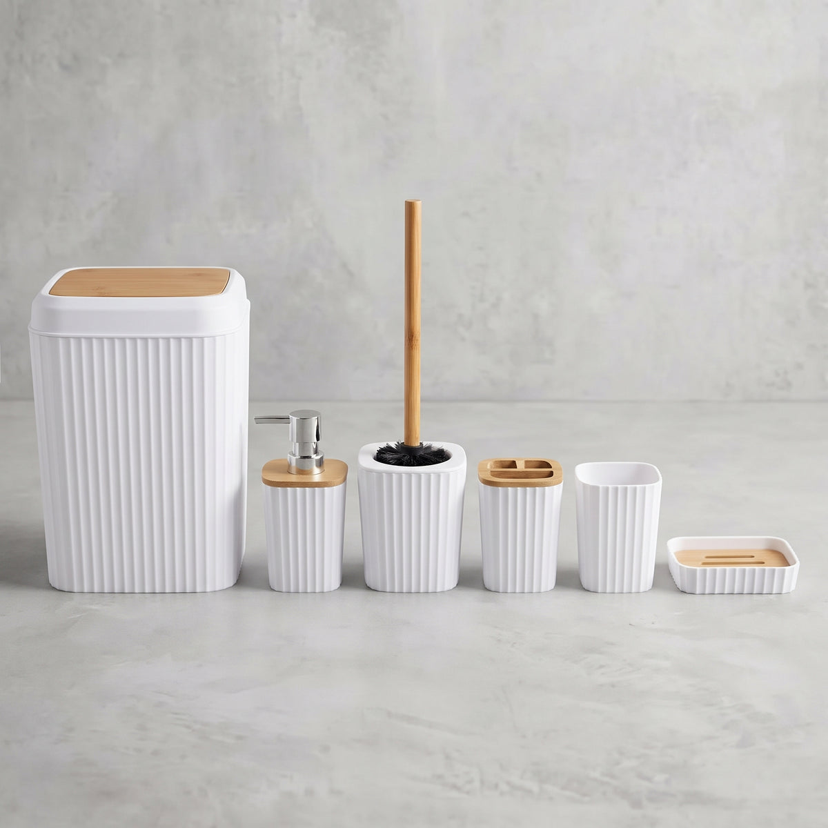 Elegante Set De 6 Accesorios Baño Tapa Bamboo G35693-2 Blanco