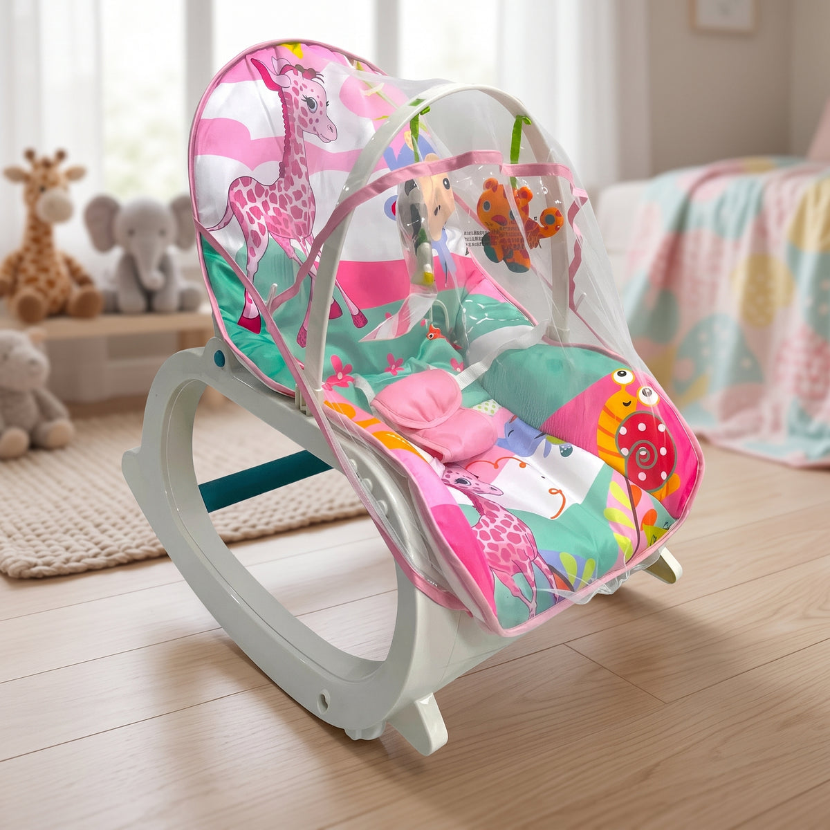 Silla Mecedora Vibradora Crece Conmigo Bebe +toldo Color Rosado Selva