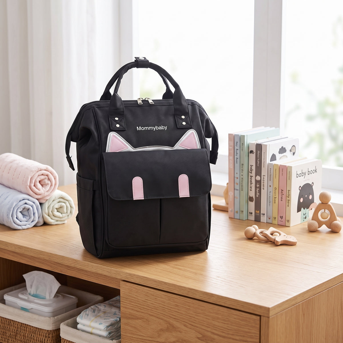 Bolso Pañalera Multifuncional Bebe Mochila Gatico Ref 1403 Color Negro Diseño De La Tela Oxford