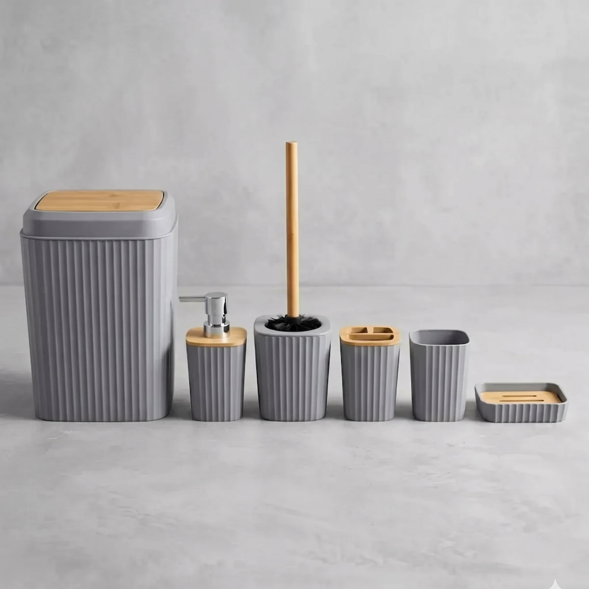 Elegante Set De 6 Accesorios Baño Tapa Bamboo G35693-2 Gris