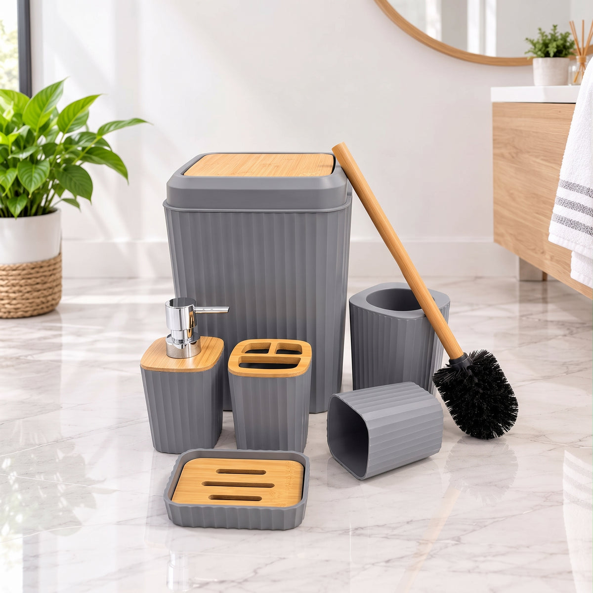 Elegante Set De 6 Accesorios Baño Tapa Bamboo G35693-2 Gris