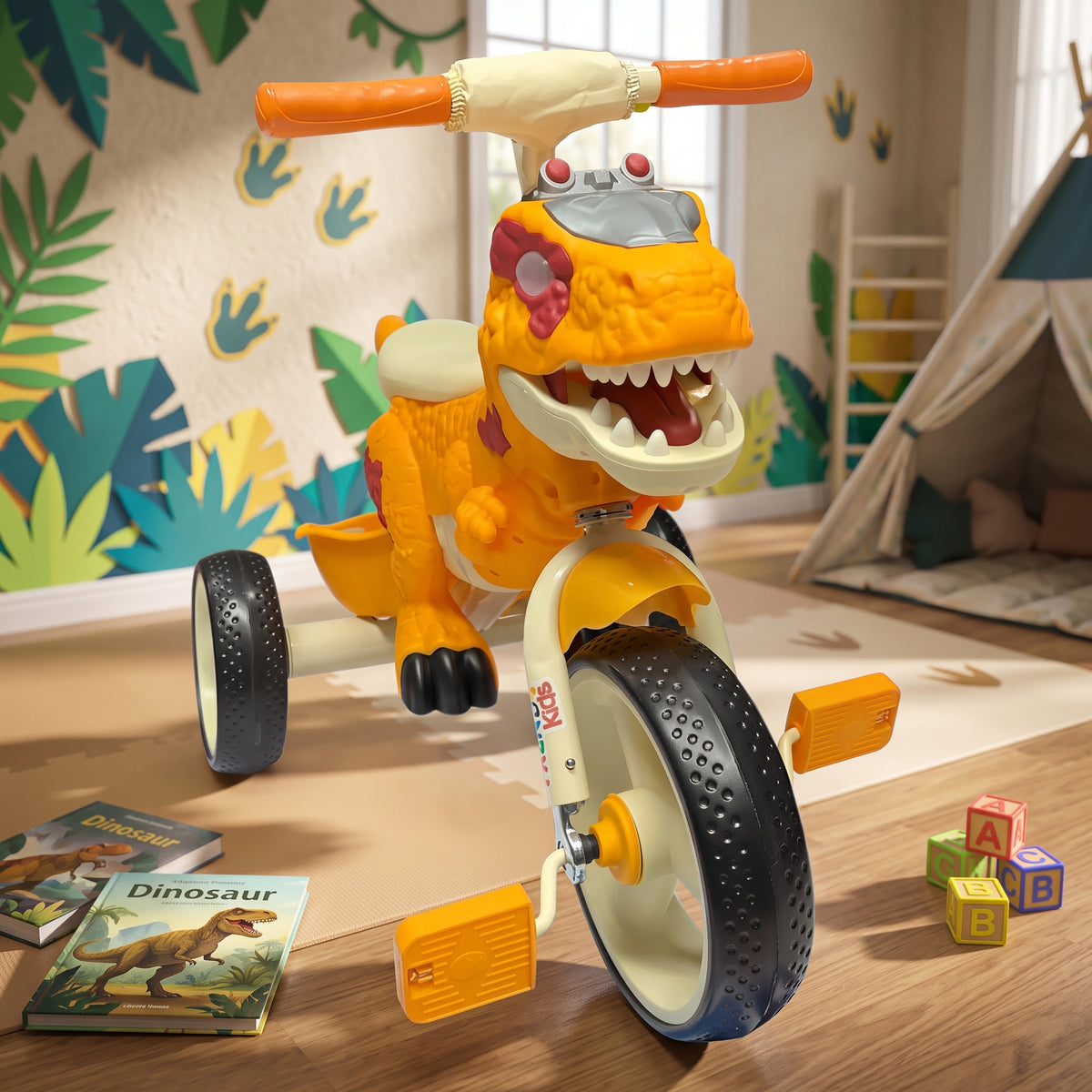 Triciclo Bicicleta Dinosaurio Con Música Y Cesta Tr-064 Color Naranja