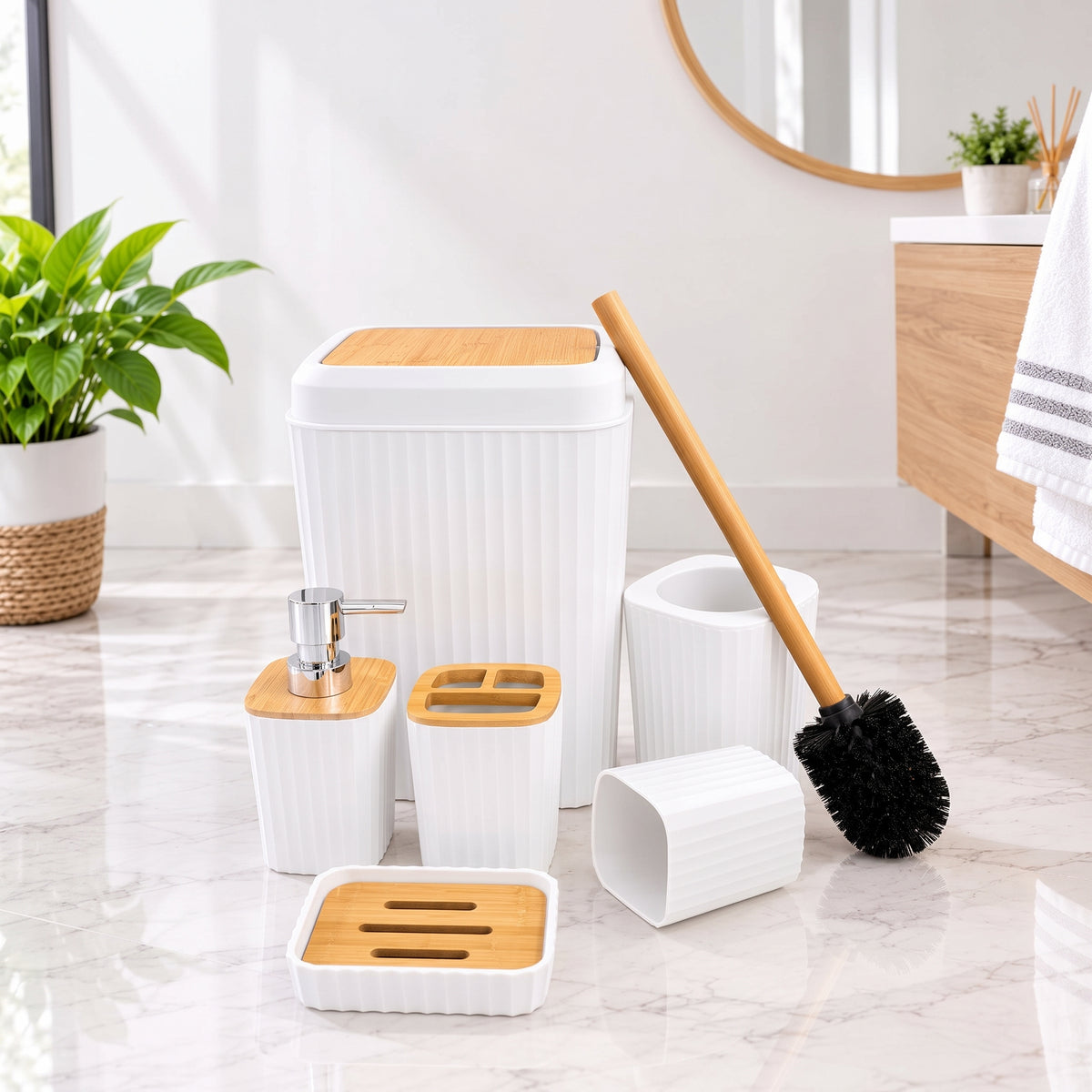 Elegante Set De 6 Accesorios Baño Tapa Bamboo G35693-2 Blanco