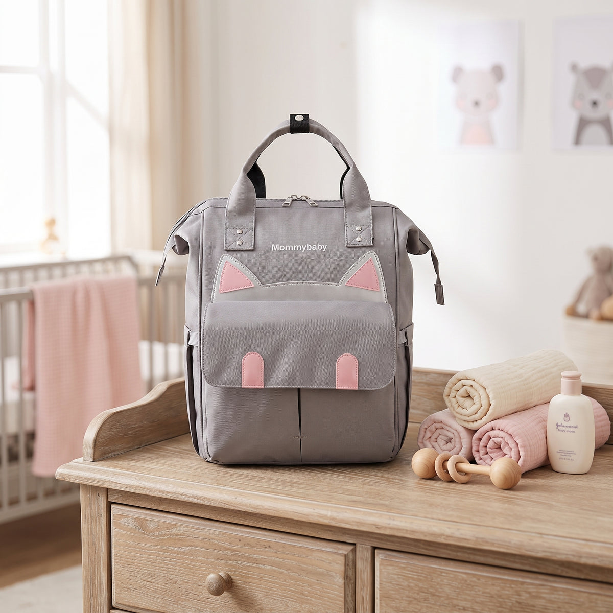 Bolso Pañalera Multifuncional Bebe Mochila Gatico Ref 1403 Color Gris Diseño De La Tela Oxford