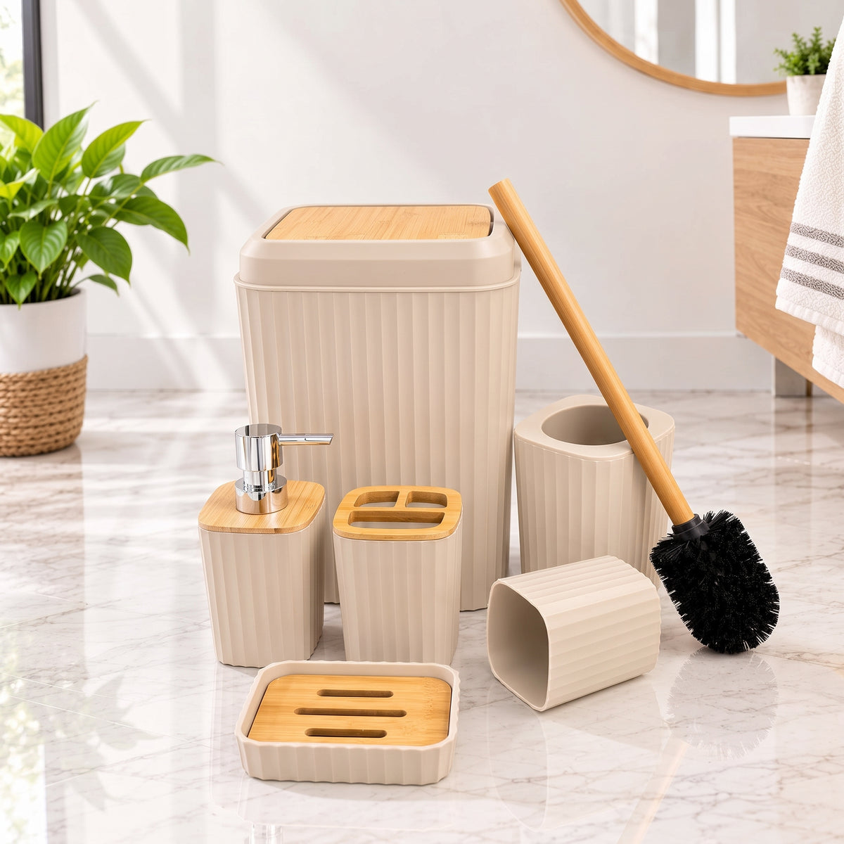 Elegante Set De 6 Accesorios Baño Tapa Bamboo G35693-2 Beige