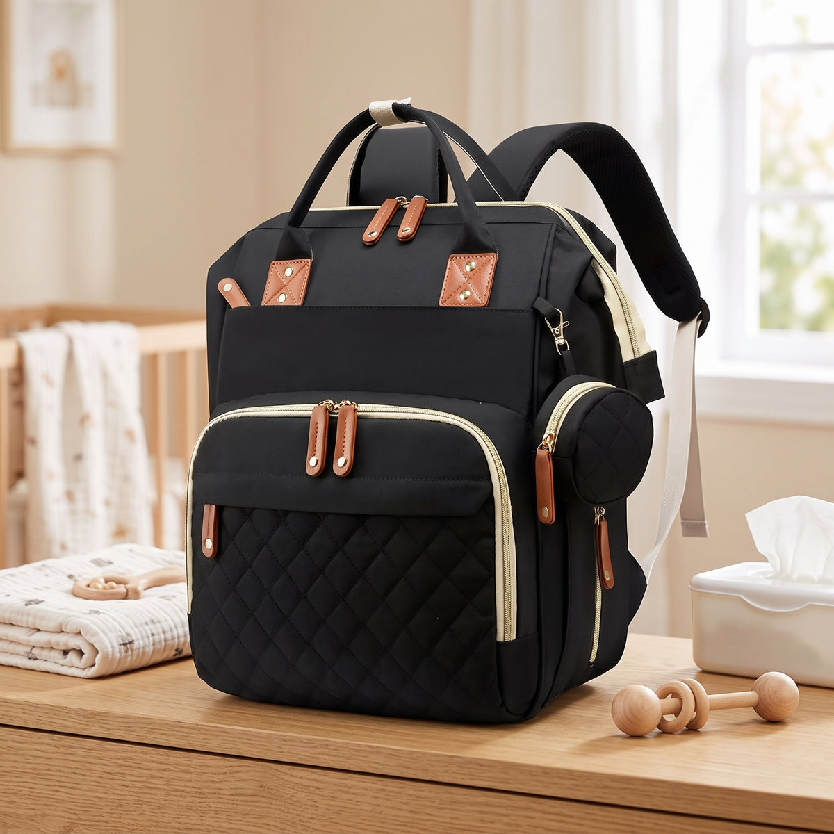 Bolso Pañalera Morral Moderno De Bebe Color Negro Diseño De La Tela Impermeable