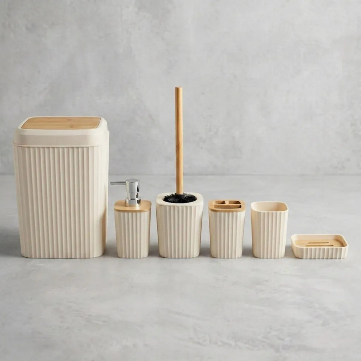 Elegante Set De 6 Accesorios Baño Tapa Bamboo G35693-2 Beige
